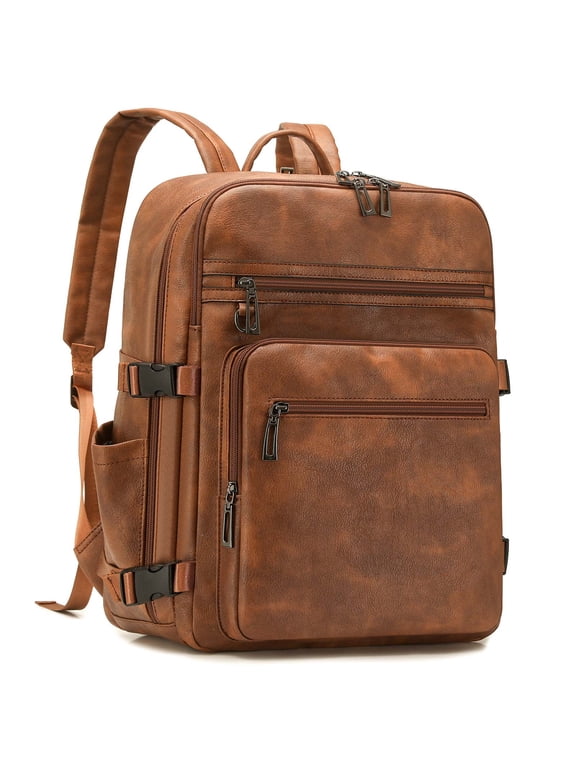 PU Leather Backpack for Men Women, 24L Waterproof Laptop Backpack, Business Travel Bag, Brown