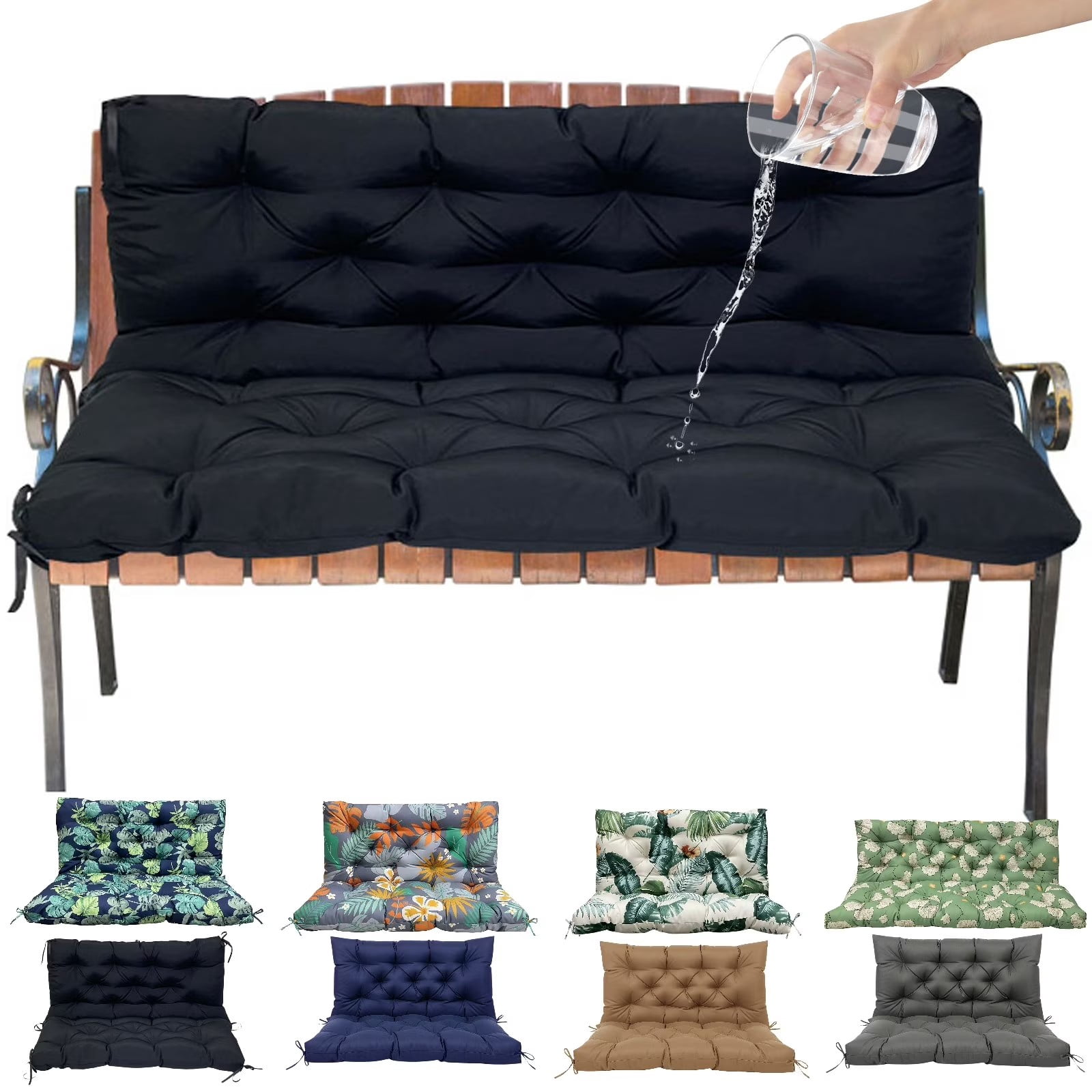 Eurhowing Outdoor Bench Cushion Waterproof, 60"x40"x4" Thick Patio Swing Chair Cushions with Ties, All-Weather High Density Foam Seat Pad for Porch Garden Furniture, Black