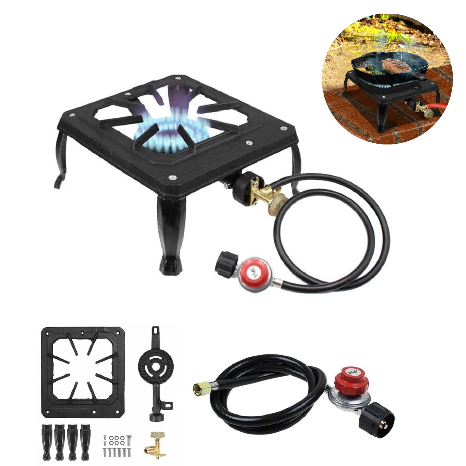 Eurhowing Propane Camping Stove 90,000 BTU, 0-20PSI Adjustable Single Burner Portable Outdoor Stove, Cast Iron Gas Cooker for Backyard BBQ, RV, Picnic
