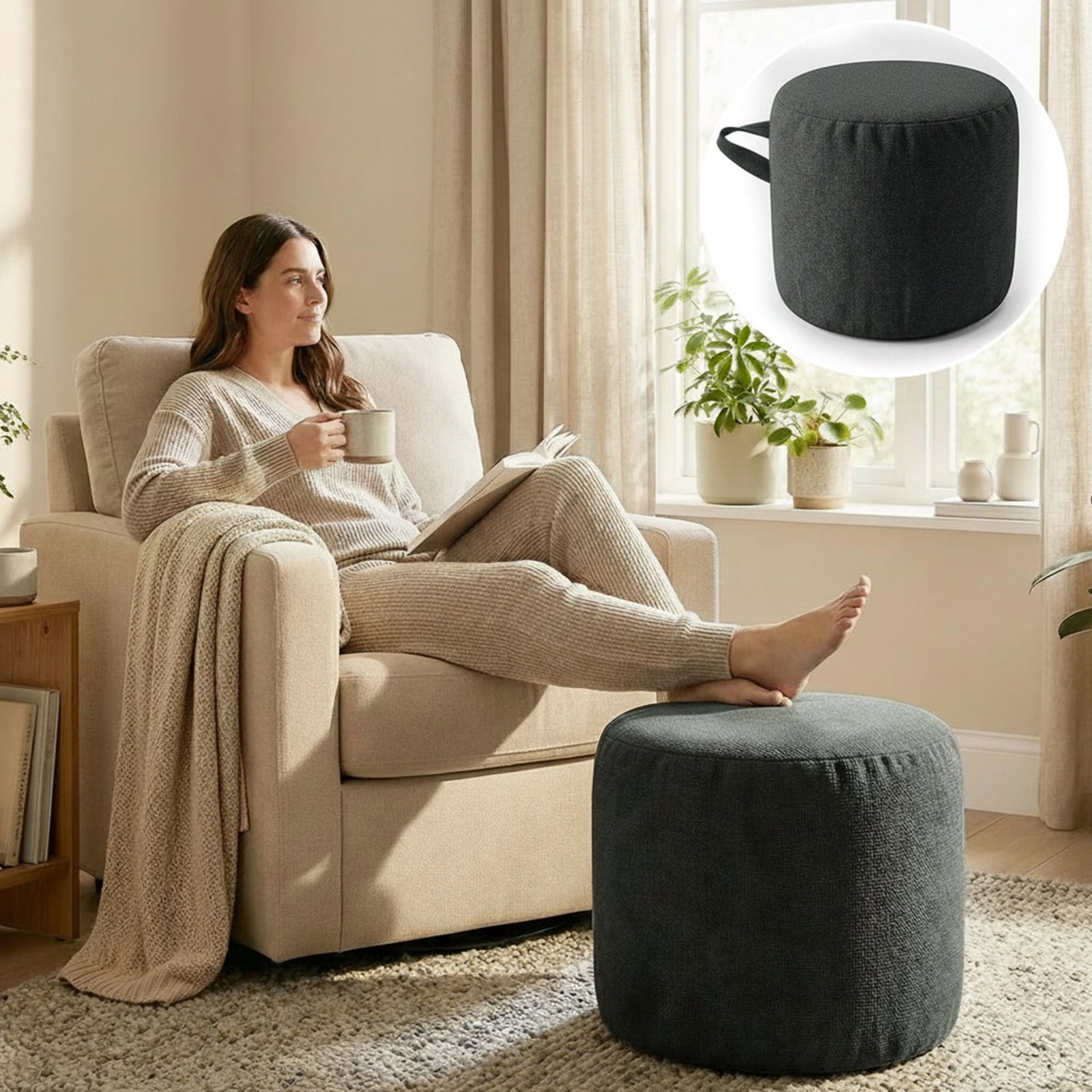 Eurhowing Pouf Ottoman Round Footrest, High-Density Sponge Filling Floor Pouffe, Foot Stool for Living Room Bedroom, Gray