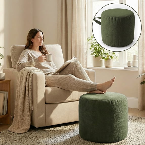 Eurhowing Pouf Ottoman Round Footrest, High-Density Sponge Filling Floor Pouffe, Foot Stool for Living Room Bedroom, Green
