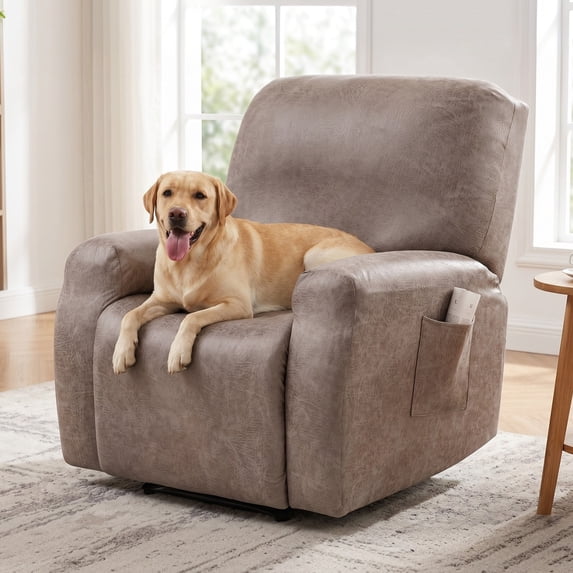 Eurhowing Recliner Chair Cover 4-Piece, PU Leather Waterproof Stretch Recliner Slipcover, Non-Slip Furniture Protector for Pets Kids, Taupe