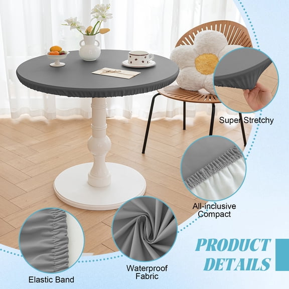 Eurhowing Round Tablecloth with Elastic Edge, Waterproof PU Leather Table Cover, Heat Resistant & Wipe-Clean Fitted Round Tablecloth for Kitchen, Dining & Outdoor, Gray, 36"