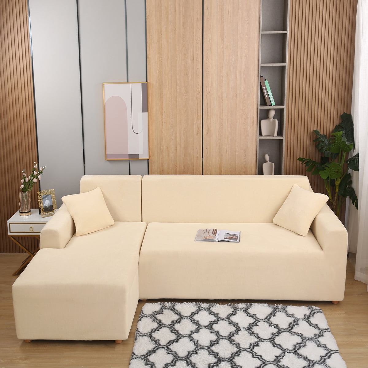 Eurhowing Sectional Couch Covers L-Shaped Sofa Covers, Velvet Super Stretch 2Pcs Sofa Slipcovers for 3 + 3 Seaters, Softness Corner Couch Cover, Beige