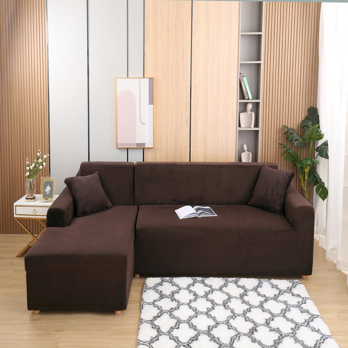 Eurhowing Sectional Couch Covers L-Shaped Sofa Covers, Velvet Super Stretch 2Pcs Sofa Slipcovers for 3 + 3 Seaters, Softness Corner Couch Cover, Coffee