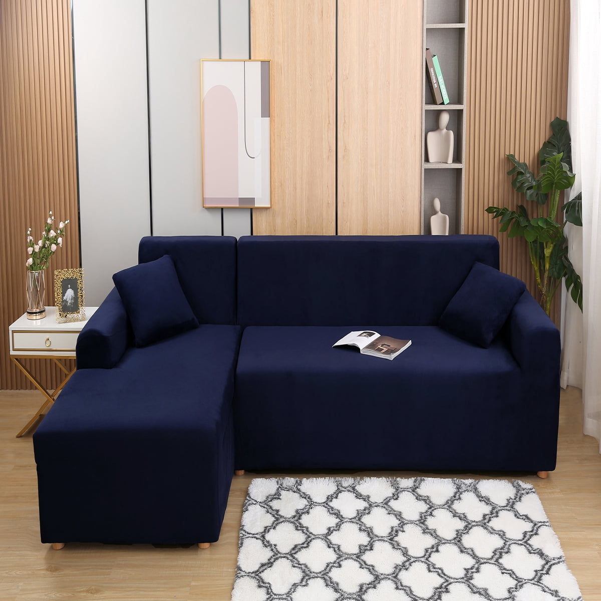 Eurhowing Sectional Couch Covers L-Shaped Sofa Covers, Velvet Super Stretch 2Pcs Sofa Slipcovers for 3 + 3 Seaters, Softness Corner Couch Cover, Navy Blue