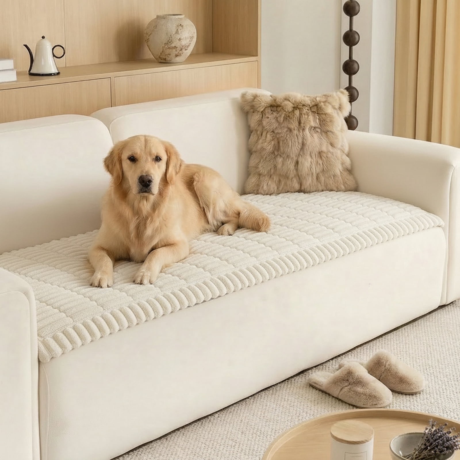 Eurhowing Pet Couch Cover Waterproof, Non Slip Plush Sofa Slipcover for Couch, Bed, Floor, Fuzzy Blanket Mat Furniture Protector for Dogs Cats (28x59in, Off-White)