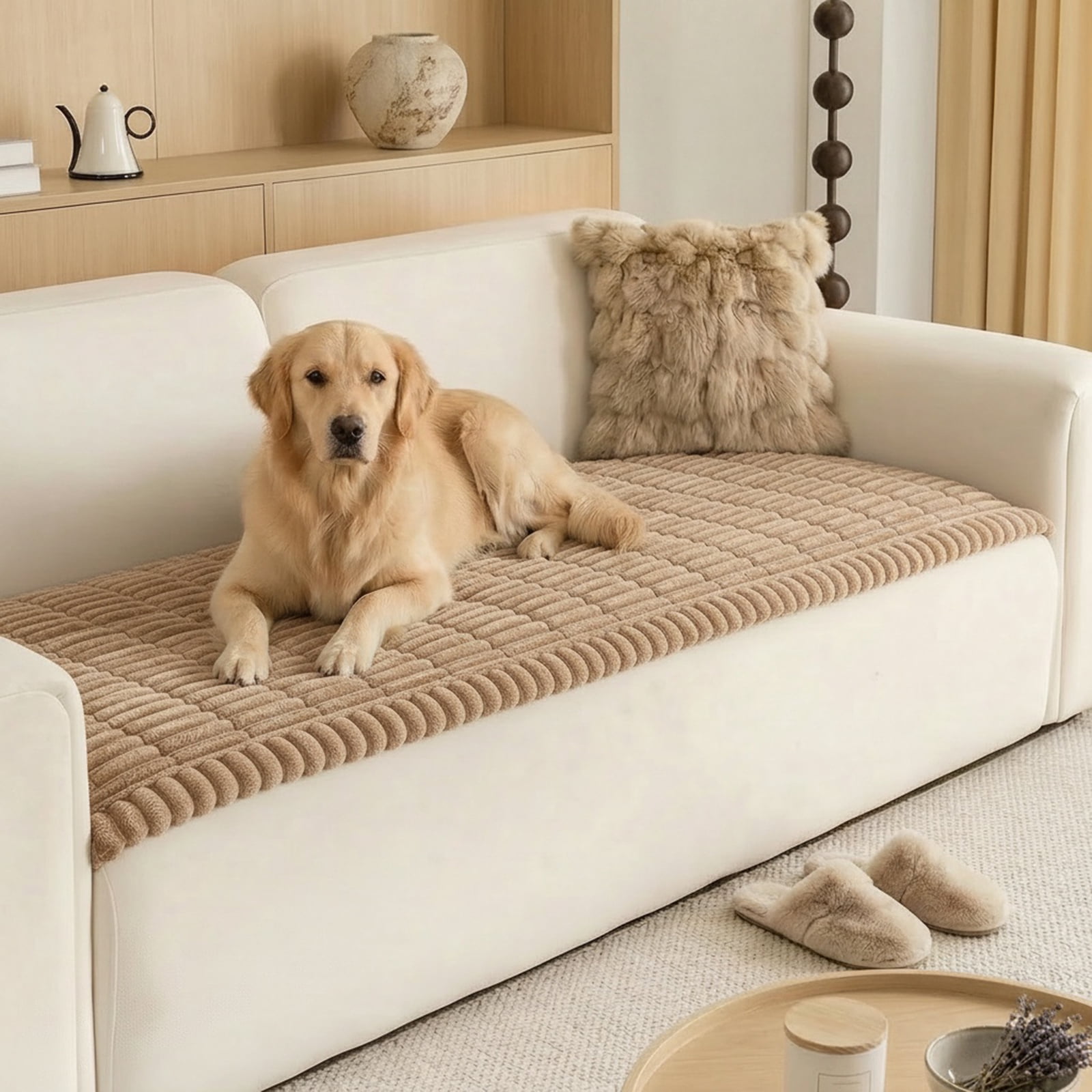 Eurhowing Pet Couch Cover Waterproof, Non Slip Plush Sofa Slipcover for Couch, Bed, Floor, Fuzzy Blanket Mat Furniture Protector for Dogs Cats (28x83in, Light Coffee)
