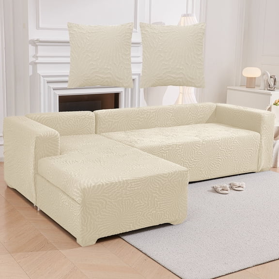 Eurhowing Sofa Covers for L-Shaped Couch, 3+4-Seater Sectional Sofa Slipcovers with 2 Pillowcase, Stretchable Jacquard Anti-Slip Furniture Protector for Living Room & Pet Friendly, Off-White