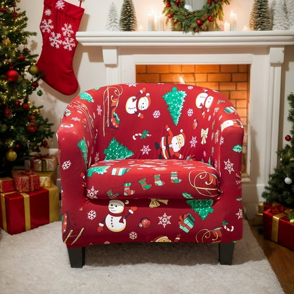 Eurhowing Stretch Club Chair Slipcover, 2-Piece Christmas Elastic Armchair Cover with Cushion Cover, Xmas Print Tub Chair Furniture Protector for Living Room