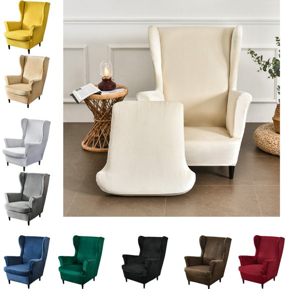 Eurhowing Stretch Wingback Chair Covers for Living Room, 2-Piece Velvet Soft Slipcovers with Cushion Cover, Furniture Protector for Home & Hotel Use, Beige