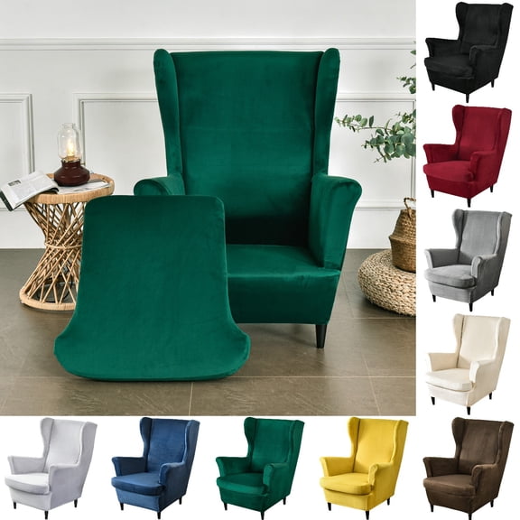Eurhowing 2-Piece Stretch Wingback Chair Covers, Non-Slip Velvet Chair Slipcovers with Cushion Cover, Soft Wingchair Protector for Living Room, Green