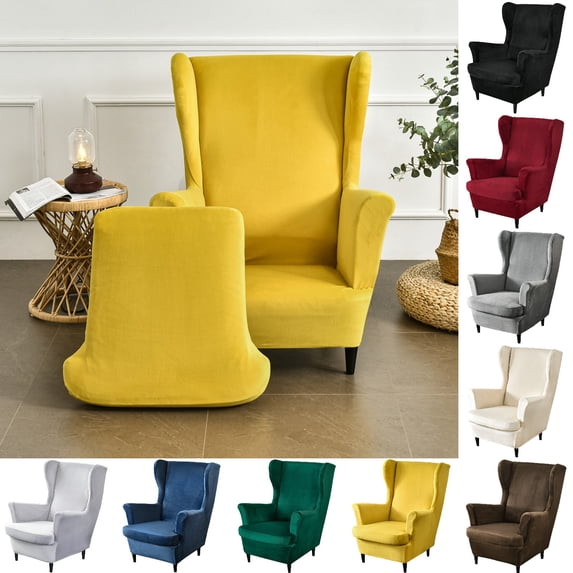 Eurhowing 2-Piece Stretch Wingback Chair Covers, Non-Slip Velvet Chair Slipcovers with Cushion Cover, Soft Wingchair Protector for Living Room, Yellow