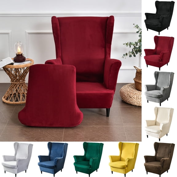 Eurhowing 2-Piece Stretch Wingback Chair Covers, Non-Slip Velvet Chair Slipcovers with Cushion Cover, Soft Wingchair Protector for Living Room, Wine Red