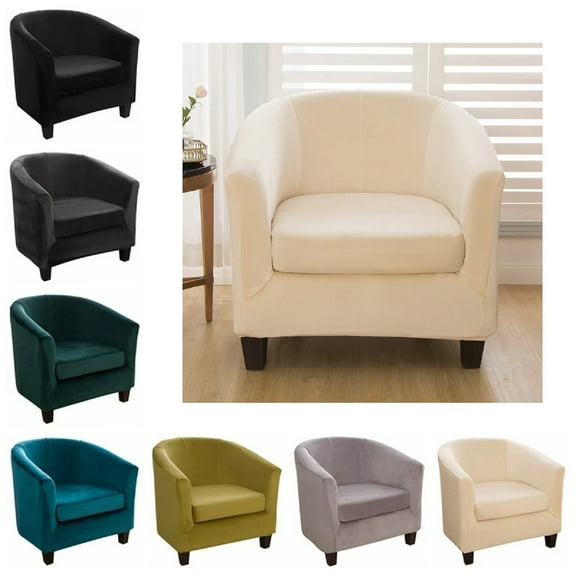 Eurhowing Stretchable Tub Chair Slipcover, 2-Piece Velvet Soft Armchair Cover with Cushion Cover, Elastic Fit Club Chair Sofa Couch Slipcover, 1-Pack, Beige