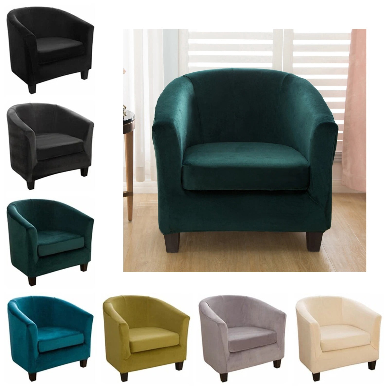 Eurhowing Stretchable Tub Chair Slipcover, 2-Piece Velvet Soft Armchair Cover with Cushion Cover, Elastic Fit Club Chair Sofa Couch Slipcover, 1-Pack, Dark Green