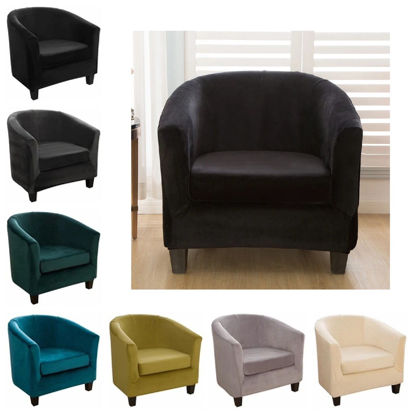 Eurhowing Stretchable Tub Chair Slipcover, 2-Piece Velvet Soft Armchair Cover with Cushion Cover, Elastic Fit Club Chair Sofa Couch Slipcover, 2-Pack, Black