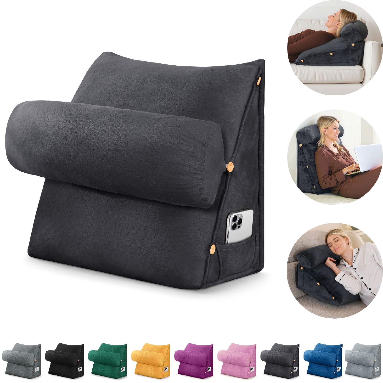Eurhowing Adjustable Bed Wedge Pillow, Memory Foam Triangular Headboard Pillow with Neck Roll Pillow, Back Support Rest Pillow for Reading & Sleeping, Dark Gray