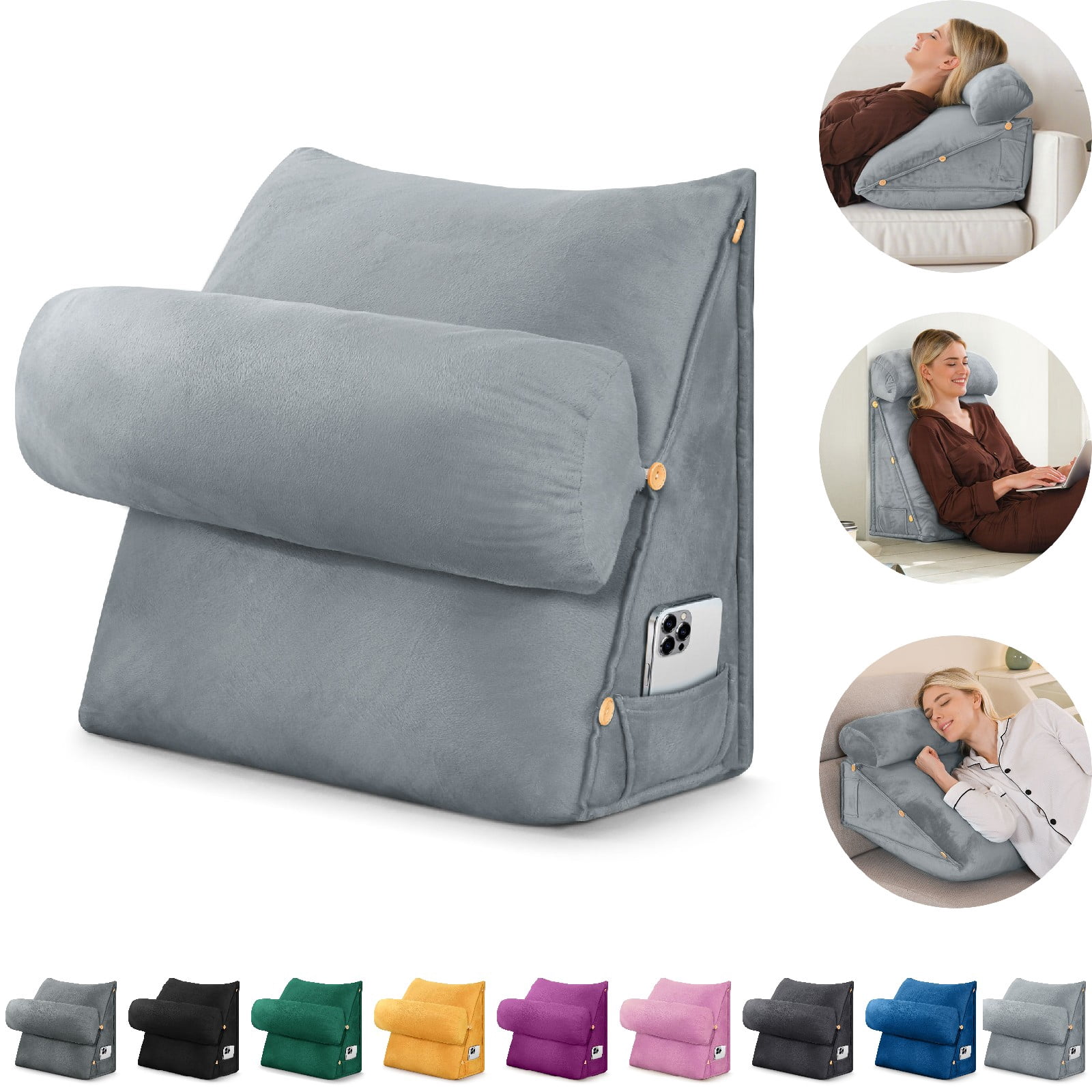 Eurhowing Adjustable Bed Wedge Pillow, Memory Foam Triangular Headboard Pillow with Neck Roll Pillow, Back Support Rest Pillow for Reading & Sleeping, Light Gray