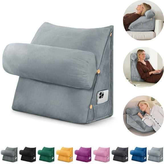 Eurhowing Adjustable Bed Wedge Pillow, Memory Foam Triangular Headboard Pillow with Neck Roll Pillow, Back Support Rest Pillow for Reading & Sleeping, Light Gray