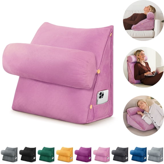 Eurhowing Adjustable Bed Wedge Pillow, Memory Foam Triangular Headboard Pillow with Neck Roll Pillow, Back Support Rest Pillow for Reading & Sleeping, Pink