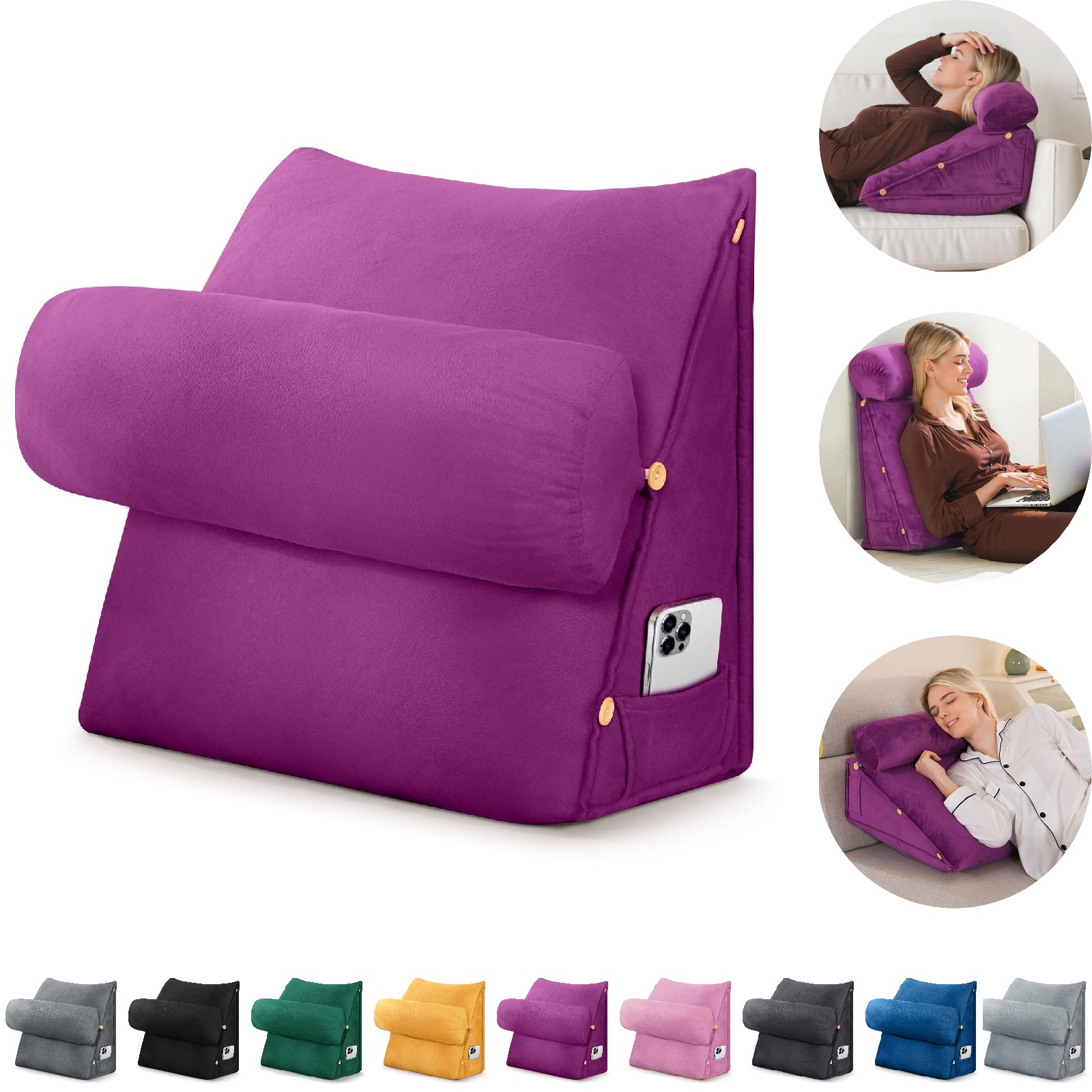Eurhowing Adjustable Bed Wedge Pillow, Memory Foam Triangular Headboard Pillow with Neck Roll Pillow, Back Support Rest Pillow for Reading & Sleeping, Purple