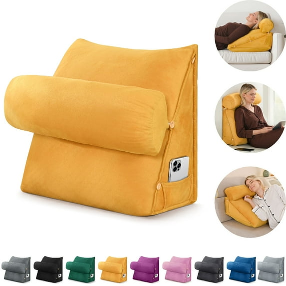 Eurhowing Adjustable Bed Wedge Pillow, Memory Foam Triangular Headboard Pillow with Neck Roll Pillow, Back Support Rest Pillow for Reading & Sleeping, Turmeric