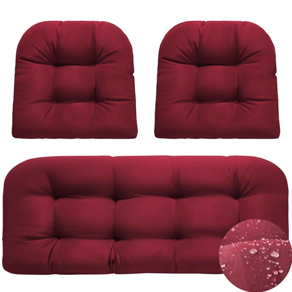 Eurhowing U-Shaped Tufted Cushion Set 3-Piece, Waterproof Wicker Rattan Sofa Cushion, High Resilience Foam Outdoor Patio Furniture Cushion for Settee, Chair, Bench, Burgundy