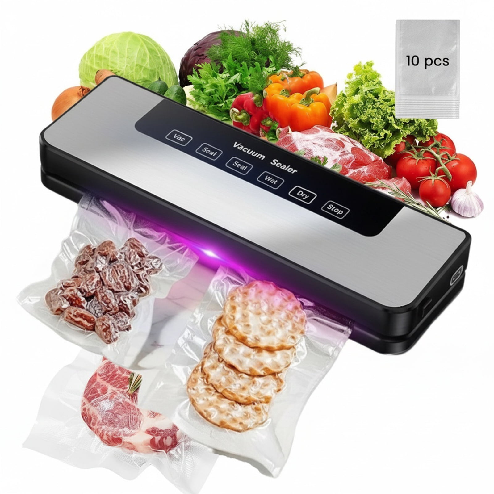 Eurhowing Vacuum Sealer Machine, Automatic Food Sealer for Storage with Dry & Moist Modes, Food Saver Preserver for Meat, Vegetables, Fruit, 10 Bags