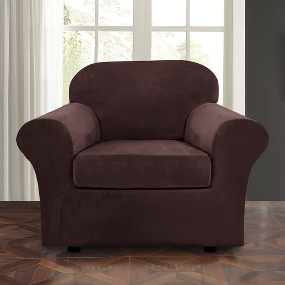Eurhowing 2-Piece Velvet Sofa Slipcover for 1-Seater Couch, Stretch Soft Non-Slip Pet-Friendly Couch Cover, Elastic Washable Furniture Protector, Brown