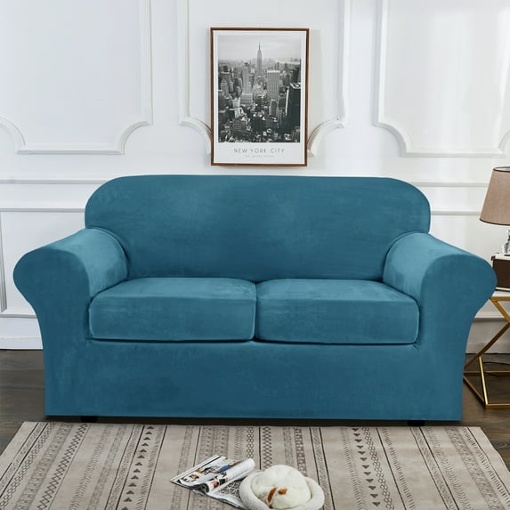 Eurhowing 3-Piece Velvet Sofa Slipcover for 2-Seater Couch, Stretch Soft Non-Slip Pet-Friendly Couch Cover, Elastic Washable Furniture Protector, Peacock Blue
