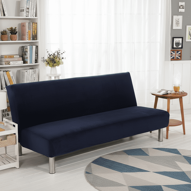 Eurhowing Velvet Futon Cover, Thick Plush Stretch Armless Sofa Bed Slipcover, Soft Couch Sofa Cover Futon Slipcover Furniture Protector with Elastic Bottom(Navy Blue)