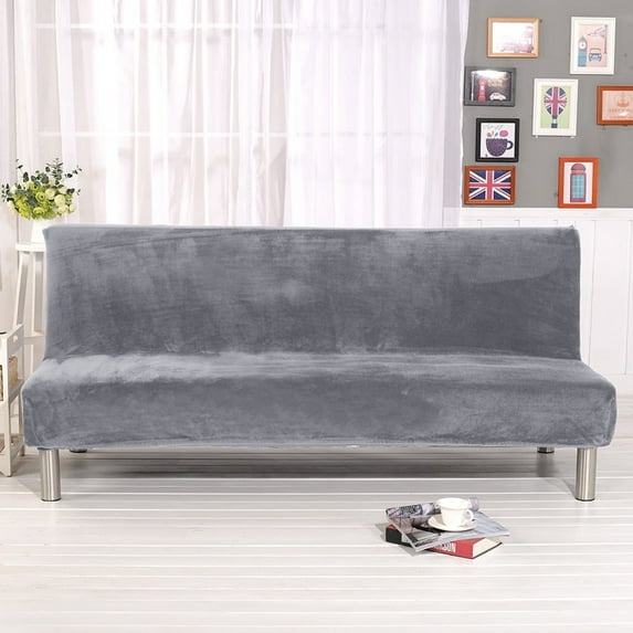 Eurhowing Velvet Futon Cover, Thick Plush Stretch Armless Sofa Bed Slipcover, Soft Couch Sofa Cover Futon Slipcover Furniture Protector with Elastic Bottom(Silver Gray)