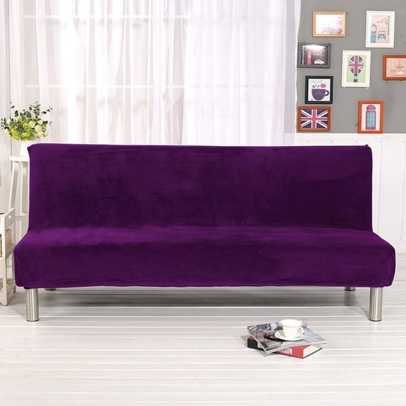 Eurhowing Velvet Futon Cover, Thick Plush Stretch Armless Sofa Bed Slipcover, Soft Couch Sofa Cover Futon Slipcover Furniture Protector with Elastic Bottom(Purple)