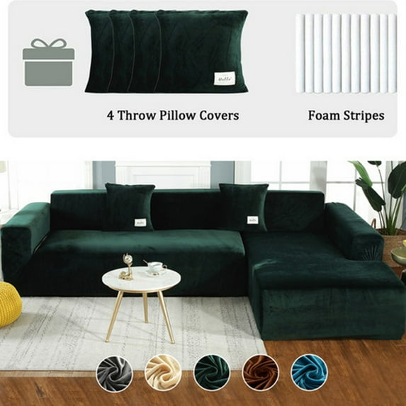 Eurhowing Velvet L-Shaped Sectional Sofa Cover with 4 Pillowcases, Stretch Soft Couch Slipcovers 3 Seater+4 Seater, Sofa Furniture Protector, Dark Green