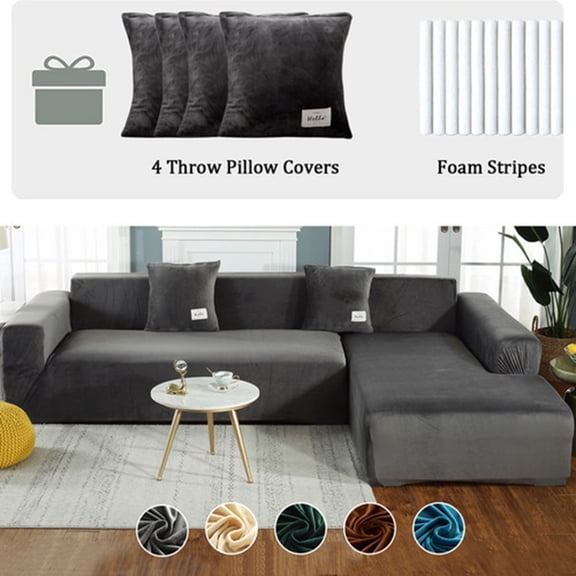 Eurhowing Velvet L-Shaped Sectional Sofa Cover with 4 Pillowcases, Stretch Soft Couch Slipcovers 3 Seater+4 Seater, Sofa Furniture Protector, Dark Grey