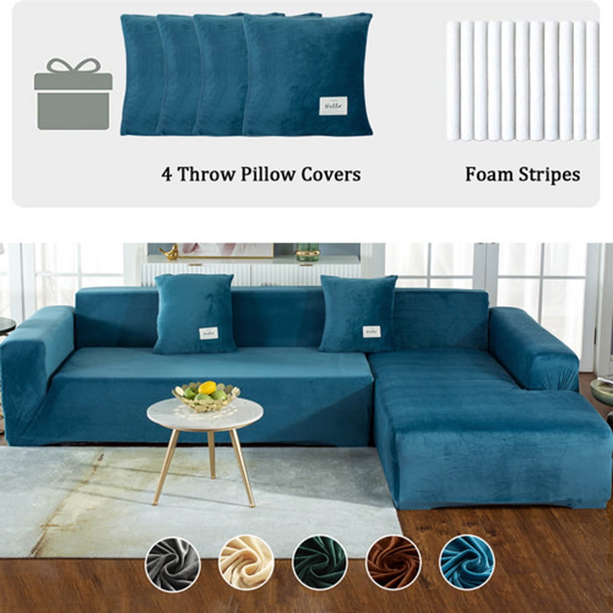 Eurhowing Velvet L-Shaped Sectional Sofa Cover with 4 Pillowcases, Stretch Soft Couch Slipcovers 3 Seater+4 Seater, Sofa Furniture Protector, Lake Blue