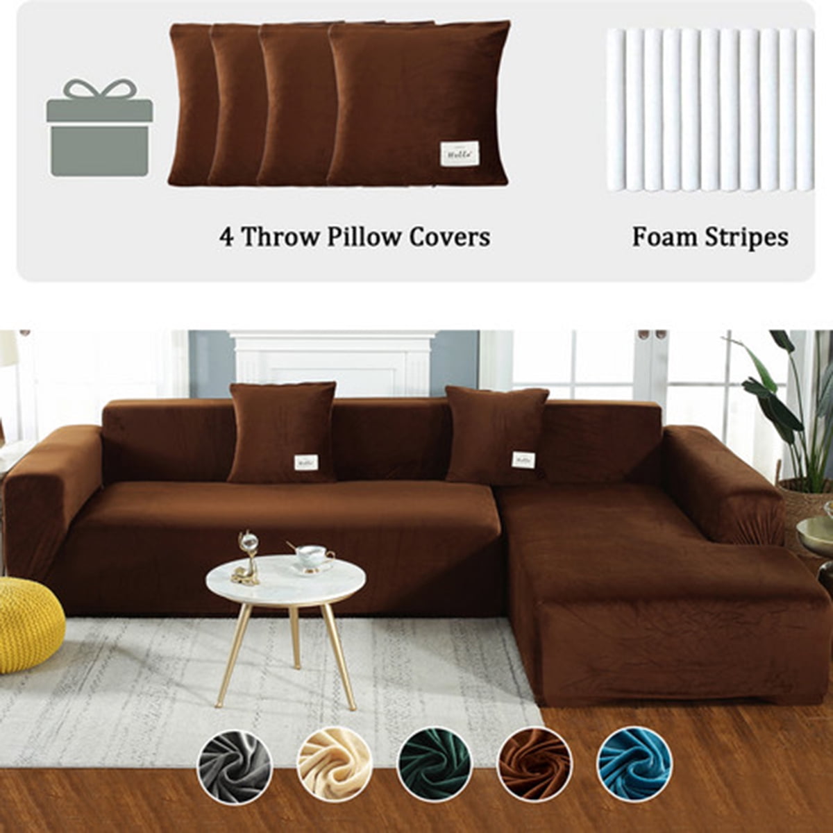 Eurhowing Velvet L-Shaped Sectional Sofa Cover with 4 Pillowcases, Stretch Soft Couch Slipcovers 3 Seater+4 Seater, Sofa Furniture Protector, Coffee