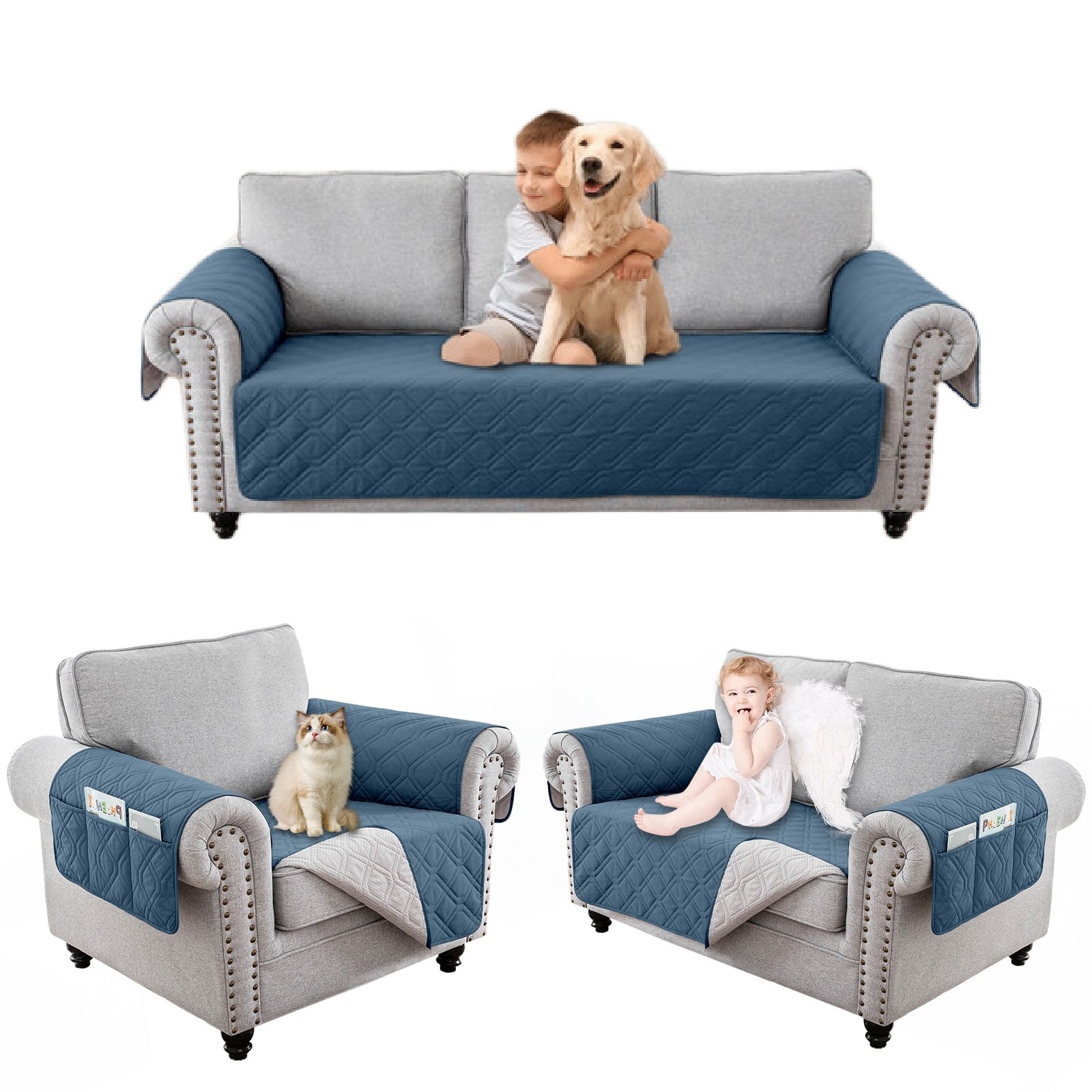 Eurhowing Waterproof Sofa Cover for 1/2/3 Seater Couches, Non-Slip Leakproof Stretchable Couch Slipcover, Machine Washable Furniture Protector with Side Pockets, Berlin Blue
