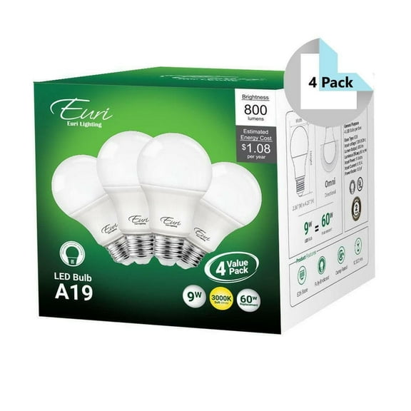 Euri A19 LED Bulb, 800 Lumens, 9 Watts, 3000K/Warm White, Replaces 40-60 Watt Bulbs, Case of 4