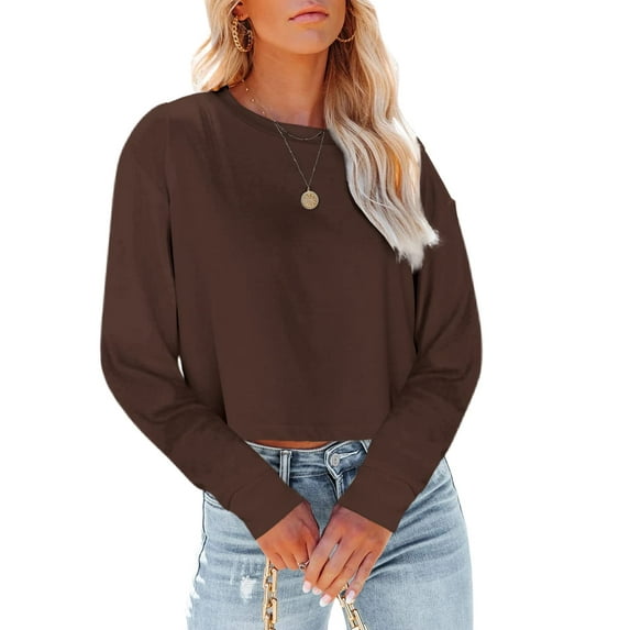 Eurivicy Women Long Sleeve Cropped T-Shirts Casual Solid Tops S-2XL