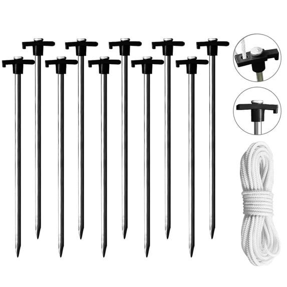 Eurmax 10-Pack Galvanized Non-Rust Outdoor Camping Tent and Pop-Up Canopy Stakes with Bonus 4x10ft Ropes & 1 Black Stopper