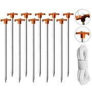 Euromax 10-Pack Galvanized Non-Rust Outdoor Camping Tent and Pop-Up Canopy Stakes with Bonus 4x10ft Ropes & 1 Orange Stopper