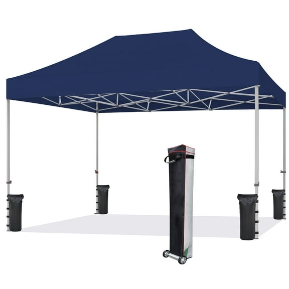 Eurmax 10'x15' Ez Pop Up Canopy Tent Commercial Instant Canopies with Heavy Duty Roller Bag,Bonus 4 Sand Weights Bags（Dark Blue)