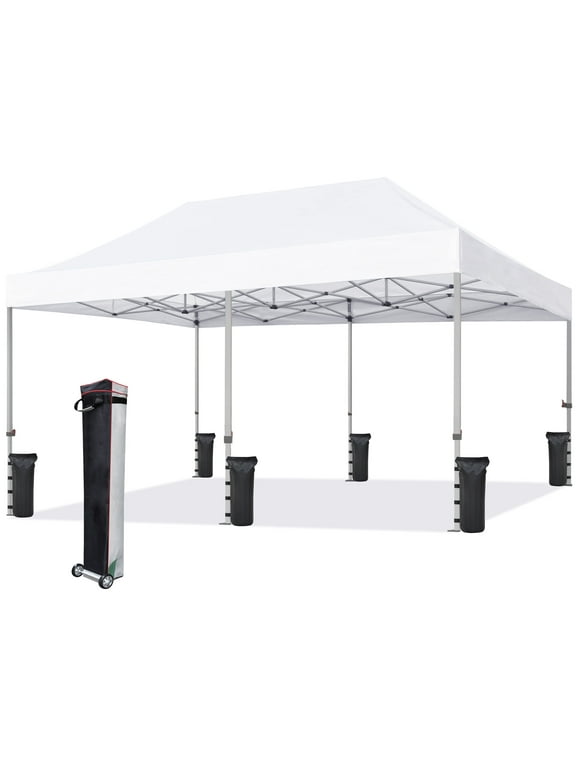 Euromax  USA   10'x20' Ez Pop Up Canopy Tent with Heavy Duty Roller Bag,Bonus 6 Sand Weights Bags (White)