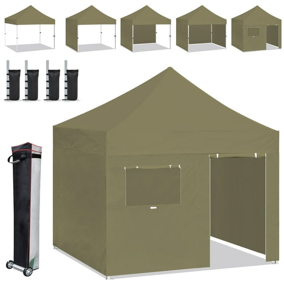 Eurmax Canopy 10' x 10' Khaki Pop-up and Instant Outdoor Canopy with 4 Zipper Sidewalls