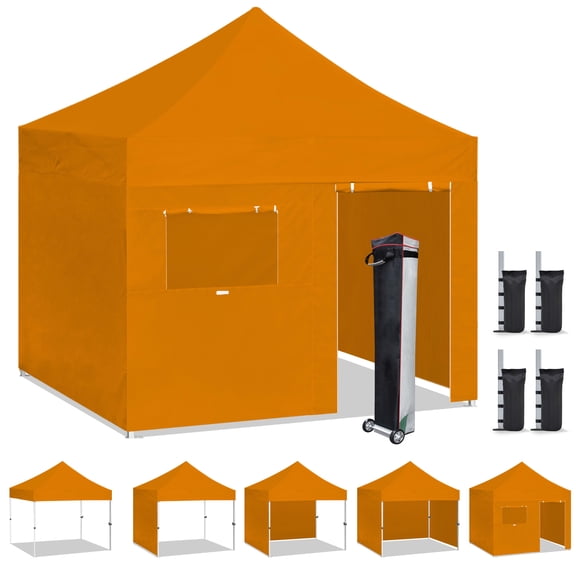 Eurmax Canopy 10' x 10' Tangerine Pop-up and Instant Outdoor Canopy with 4 Zipper Sidewalls