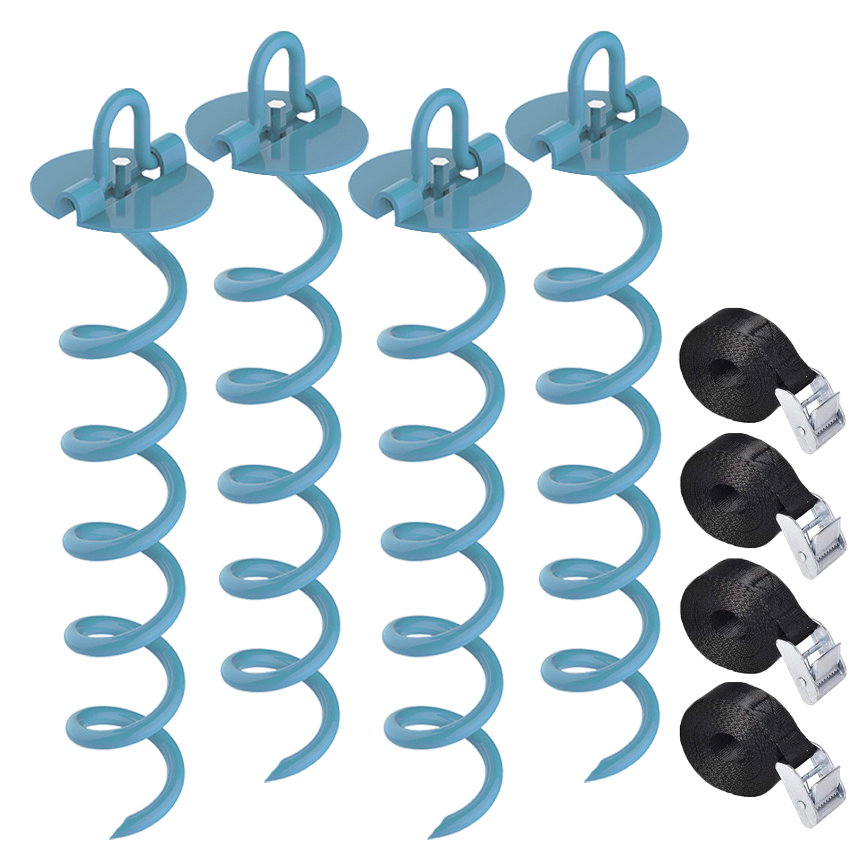 Euromax USA Tie Down Stakes 4-Pc Spiral tie down anchor kit Bonus Straps,Blue