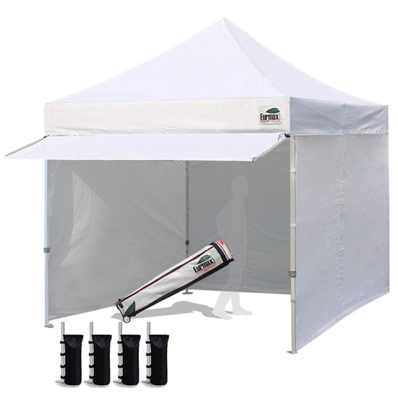Eurmax USA 10 x 10 Pop up Canopy Commercial Tent Outdoor Party Canopies with 4 Removable Zippered Sidewalls and Roller Bag Bonus 4 Canopy Sand Bags & 24 Squre Ft Extended Awning(White)