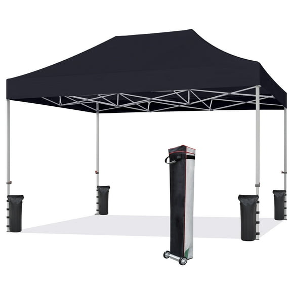 Eurmax USA 10'x15' Ez Pop Up Canopy Tent with Heavy Duty Roller Bag,Bonus 4 Sand Weights Bags(Black)